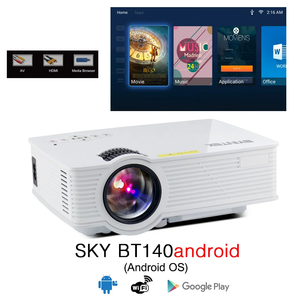 BT140android BYINTEK SKY BT140/BT140plus/BT140android светодиодный мини-проектор HD Домашний кинотеатр(дополнительно: беспроводной дисплей для Iphone смартфона - Цвет: BT140android