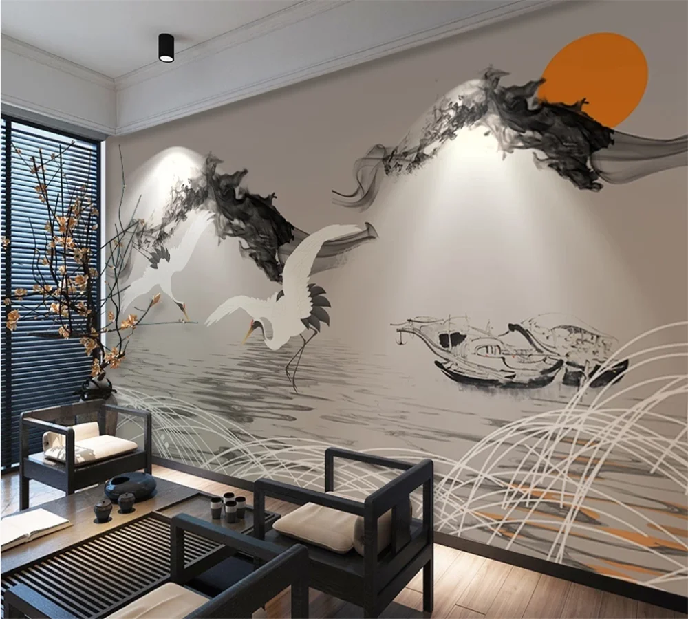 Пользовательские 3D обои настенные абстрактные дымки пейзаж Рыба Лодка журавль