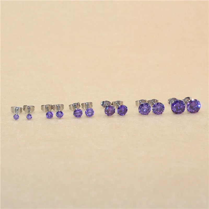 

2pcs Purple 3AAA Zircon With 316L Stainless Steel Brief Stud Earrings Crystal Jewelry Size 3mm to 8mm Allergy Free No Easy Fade