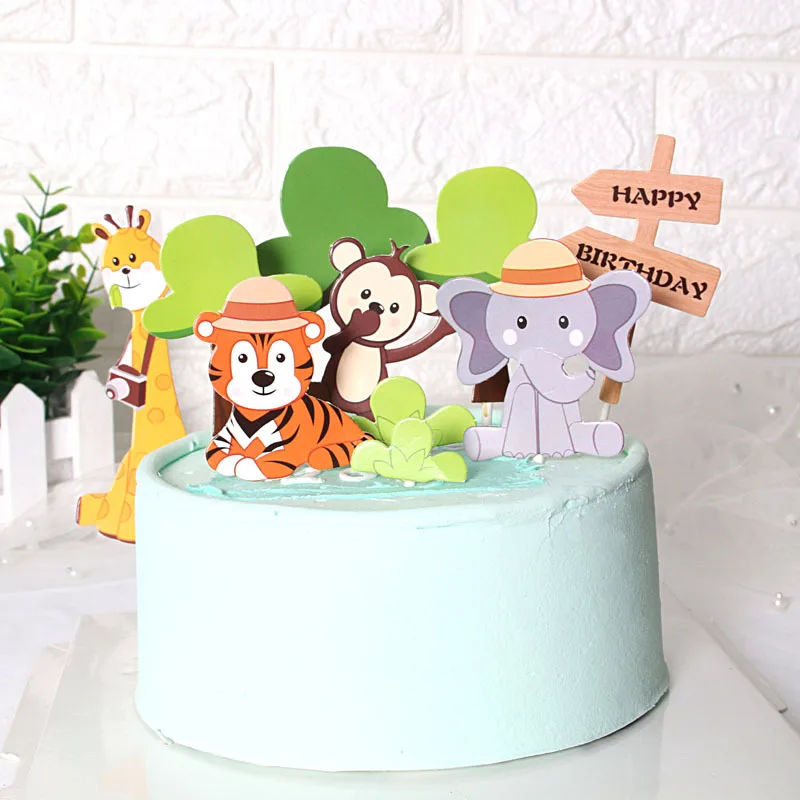 Прекрасный лес Животные собрать Жирафы Тигры Слоны Safari Топпер для торта С Днем