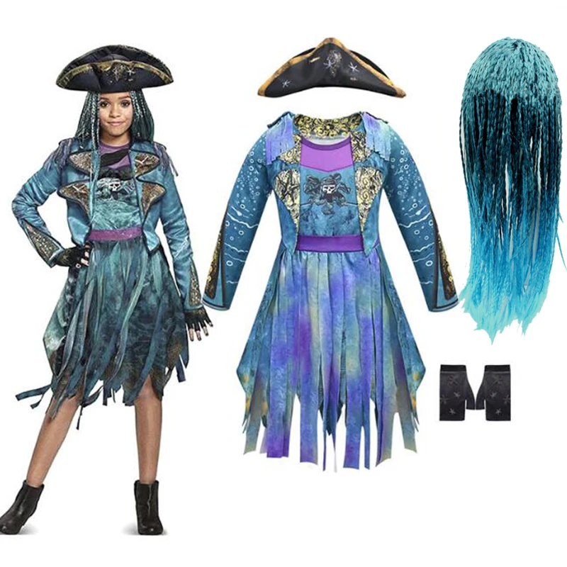 Nachkommen 3 Mal Bertha Maleficent Locken Live Evil Gerade Blau Kinder Mädchen Cosplay Kappe Kleid Halloween Kostüm Für Kinder Perücke