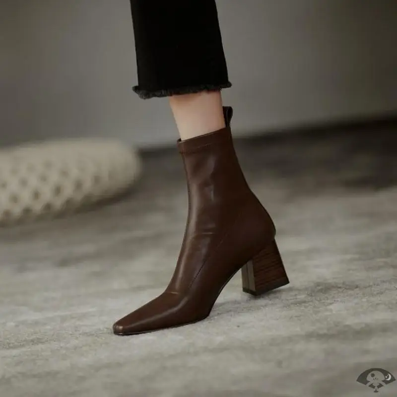 Autumn Chelsea Ladies Boots Pointed Toe High Square Heel Women's Ankle Boot Fashion Office Ladies Slip-on Comfy Female Footwears