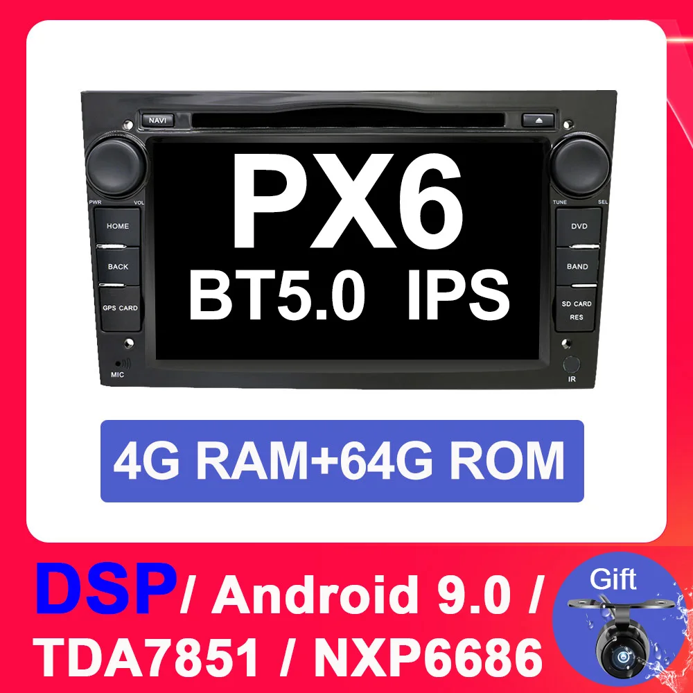 PX6 4G 64G B DSP Eunavi 2 Din Android 9 автомобильный dvd-плеер для Opel Astra Vectra Antara Zafira Corsa 2din gps Wifi Bluetooth Восьмиядерный 1024*600 - Цвет: PX6 4G 64G B DSP