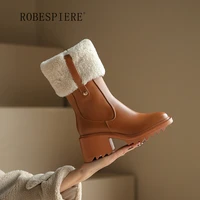 robespiere leather square toe womens winter boots 2021 new lamb wool plus cashmere martin boots all match womens boots b317