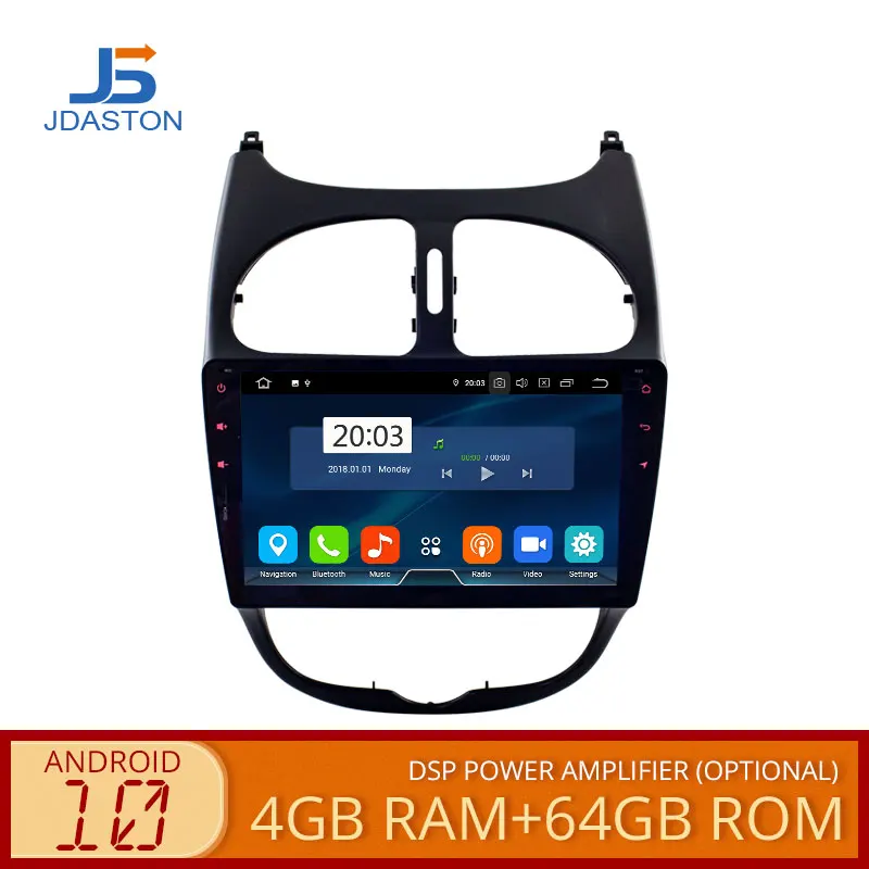 JDASTON Android 10 автомобильный DVD плеер для Peugeot 206 2002 2003 2004 2005 2006 2007 2008 WIFI мультимедийный