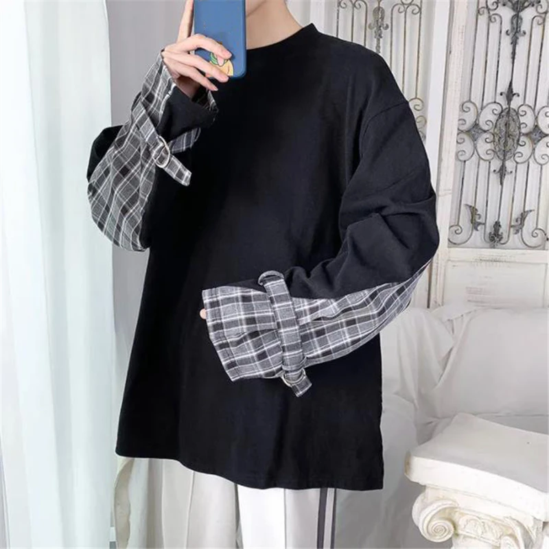 

Свитшот мужской повседневный в стиле Харадзюку, топ с круглым вырезом, свободные пуловеры, Свитшот в клетку в стиле пэчворк с длинными рукав...