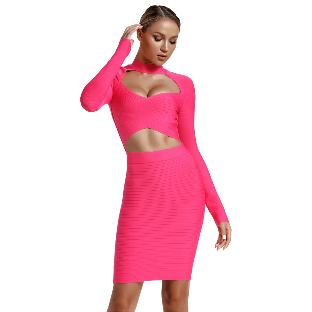 Ocstrade, Vestidos, Бандажное платье,, женское, новое, модное, ярко-розовое, Бандажное платье, сексуальное, с вырезами, Клубные, вечерние, с длинным рукавом, облегающее платье