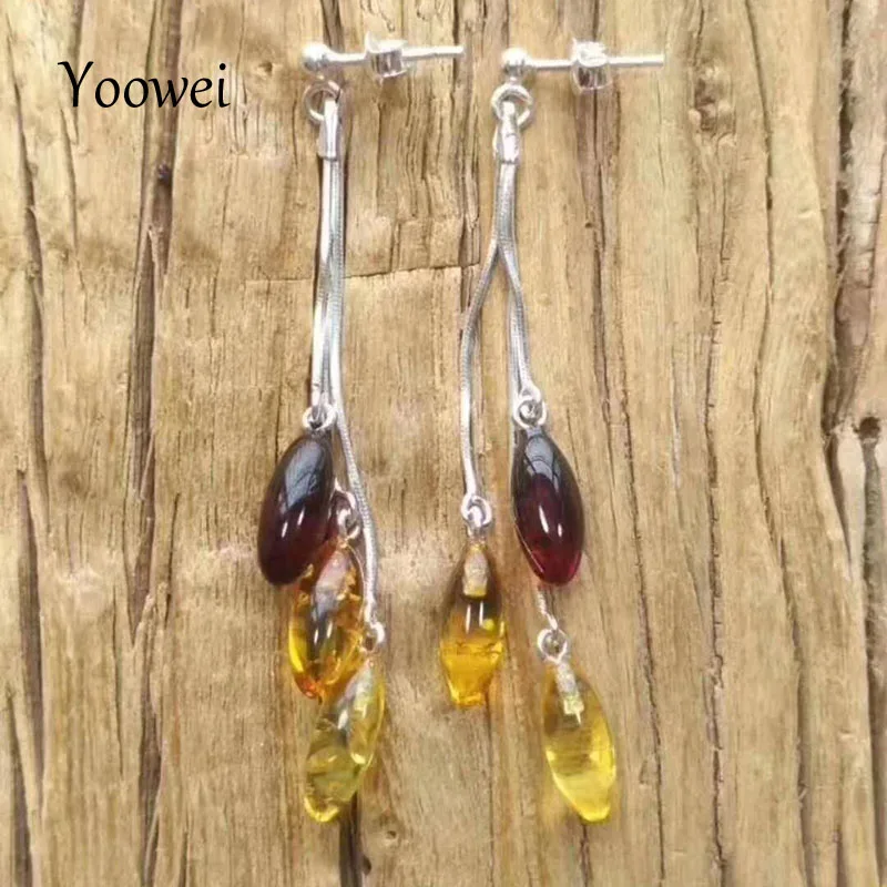 

Серьги Yoowei из натурального янтаря для женщин, великолепные длинные висячие серьги из стерлингового серебра 925 пробы, ювелирные изделия из б...