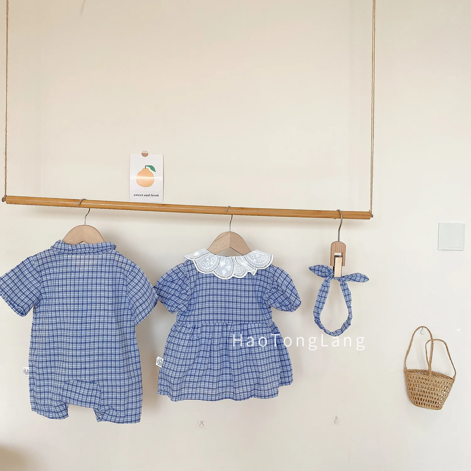 Детский комбинезон с коротким рукавом летний детский в клетку для брата и сестры