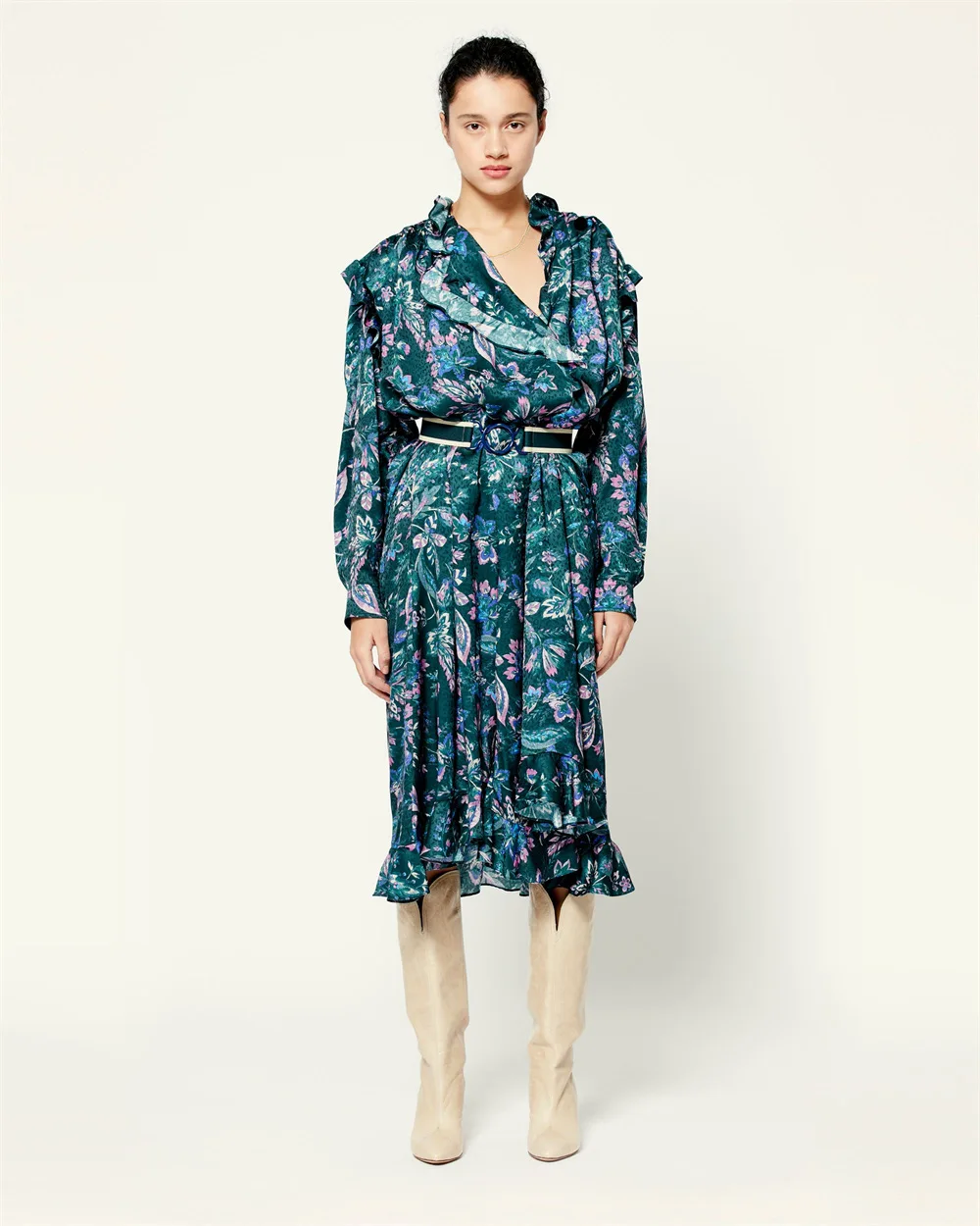 

Women Dress 2021 Fall Lapel Flower Irregular Ruffle Loose Long Sleeve Green Midi Dress