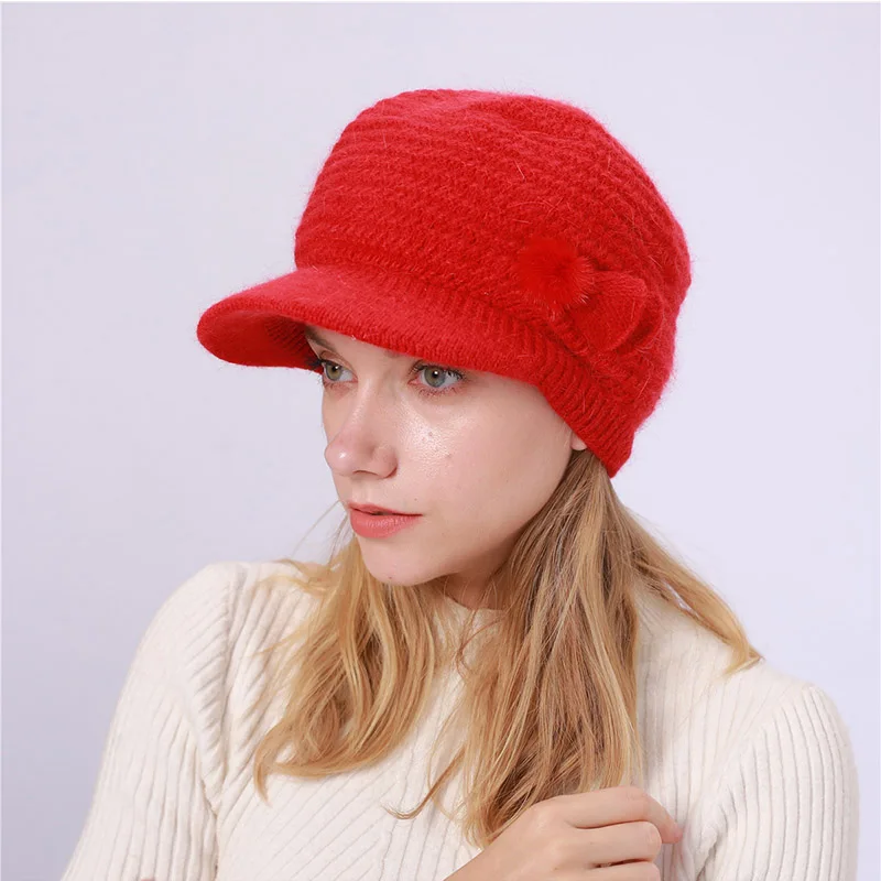 Модные вязаные зимние шапки из кроличьего хлопка с козырьком для женщин и