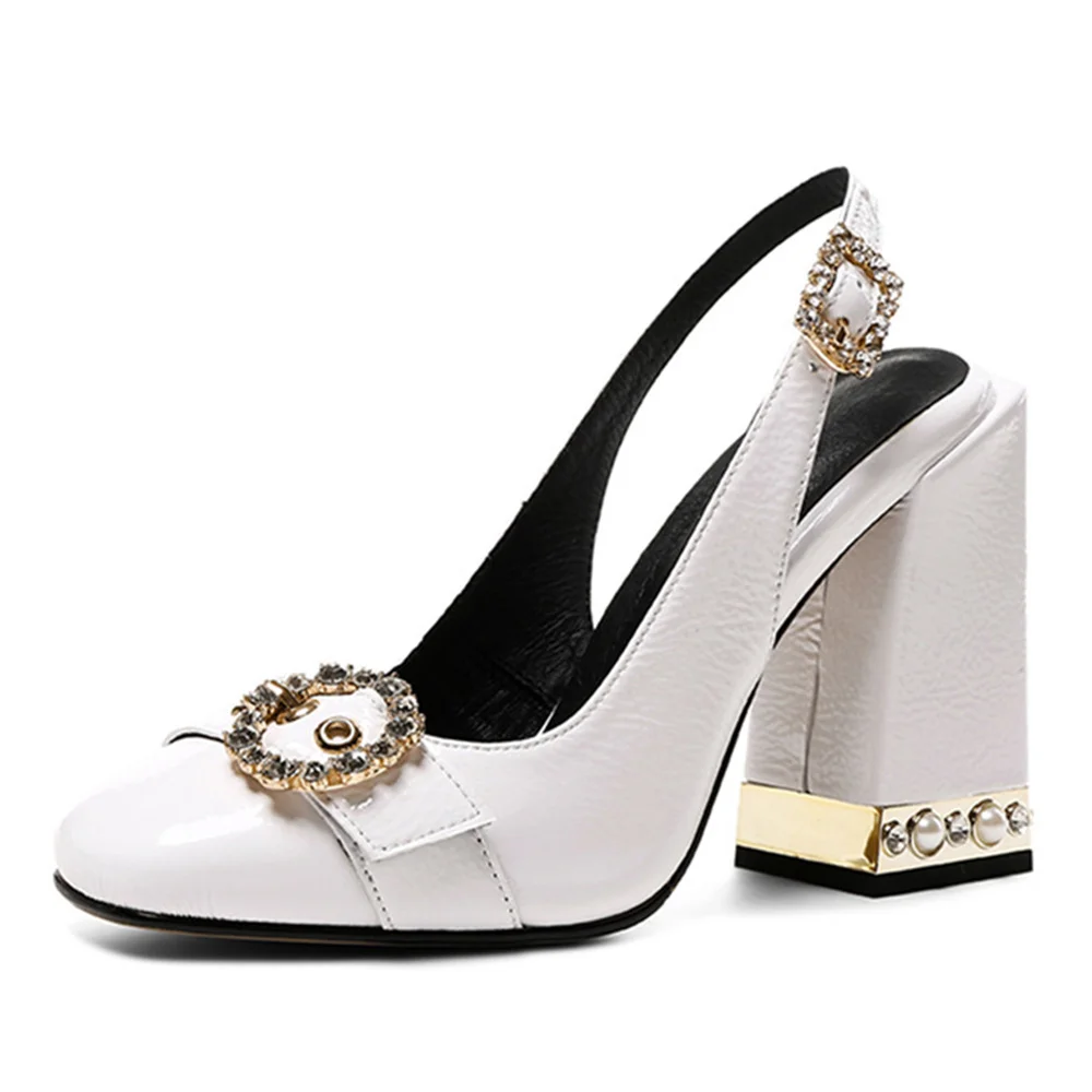

Aiyoway New British Style Women Patent Leather Rhinestone Buckle Thick Heel Single Pumps Concise Elegant Party Dress Shoes