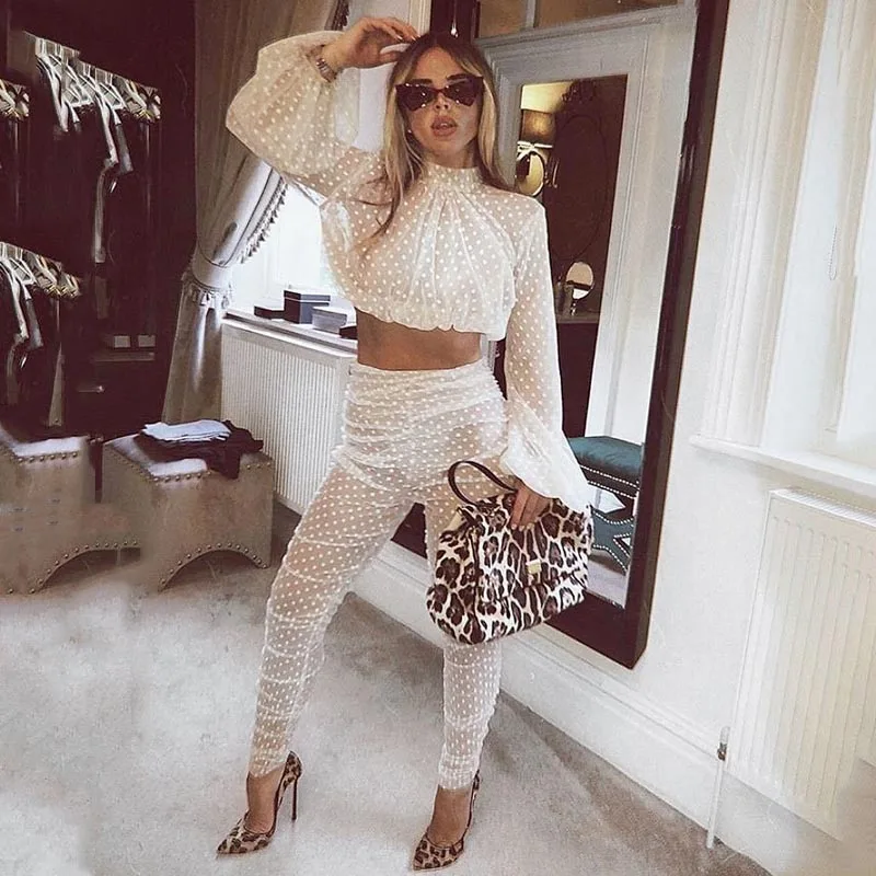 Женская водолазка с длинным рукавом, прозрачный сетчатый укороченный топ и штаны, летний комплект из двух предметов, дамские сексуальные Клубные вечерние комплекты из 2 предметов - Цвет: Белый