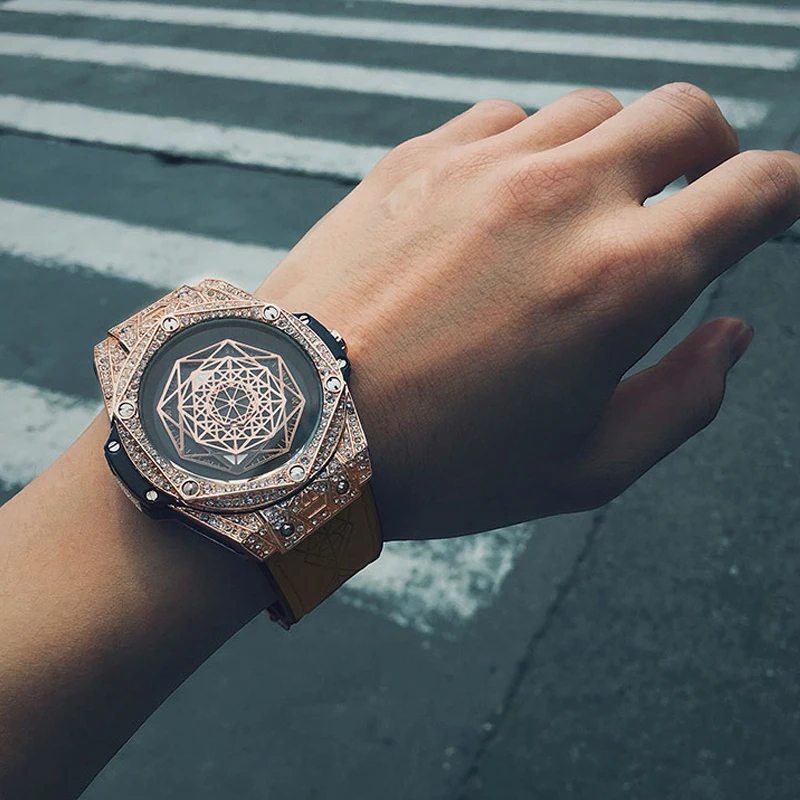 

Diamond Watch Men's Top Brand Luxury Unique Creative Big Bang Tattoo Watches Leather Strap Male Wristwatch Luminous Clock Man M