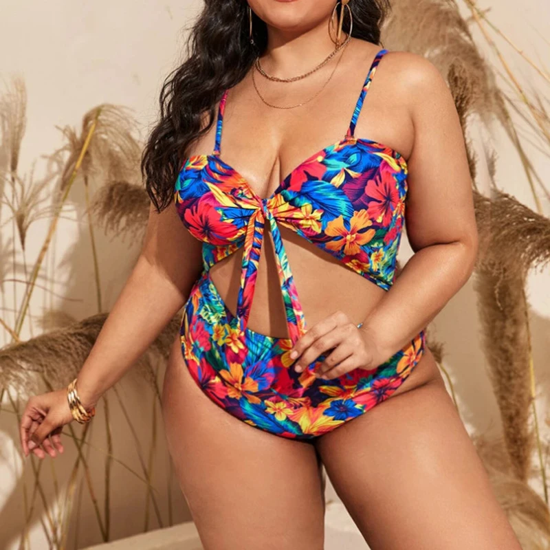 

Plus Size 6XL 8XL Print One Piece Set Swimsuit Bikini Deep V-Neck Hollow Out Bandage Swimwear Summer Women Holiday Beach