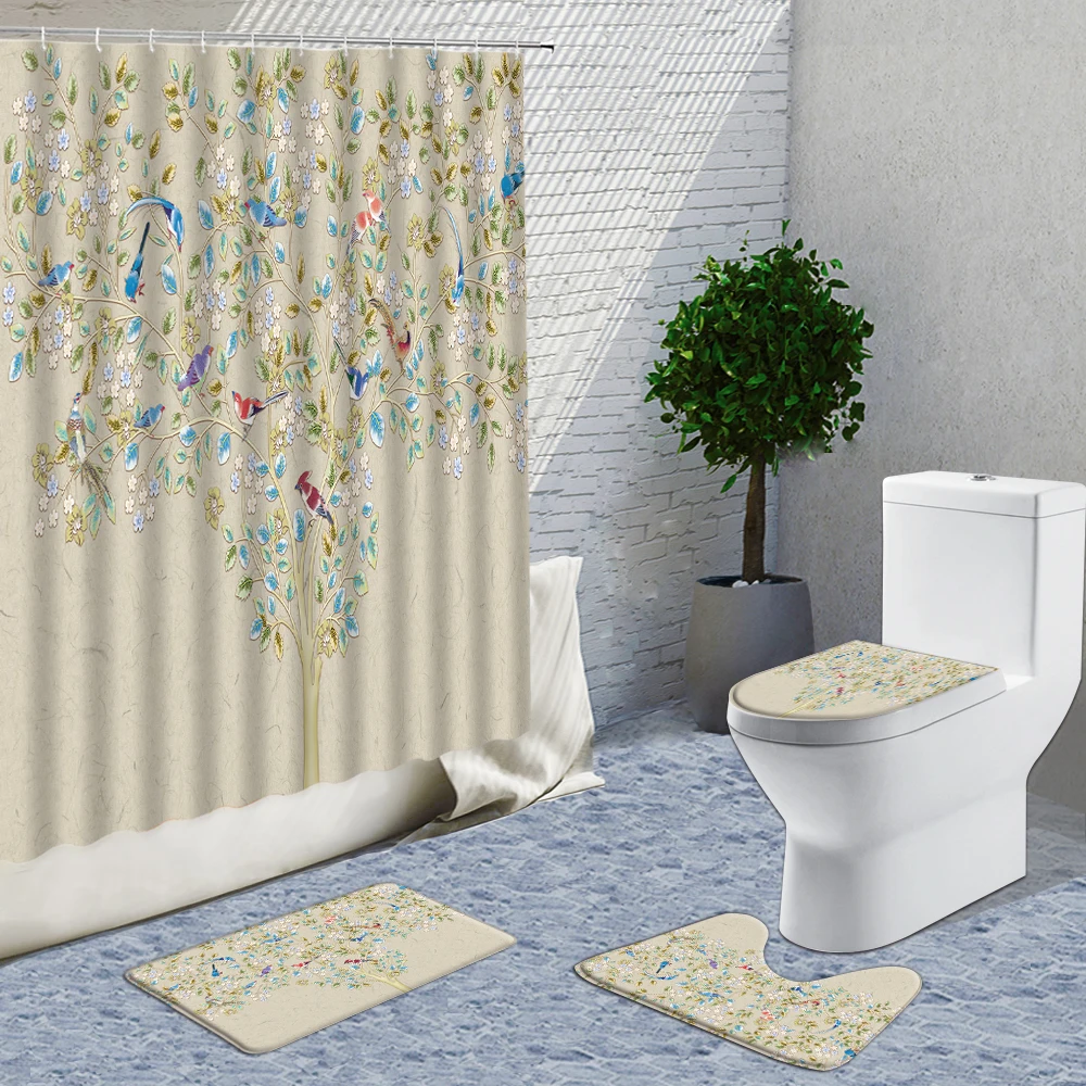 

Plant Flowers Shower Curtain Fabric 4pcs Hand 3D Painted Printing Bathroom Set With Carpets And Curtains Bath Supplies Decor