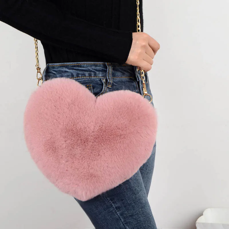 

2021 Fashion Women's Heart Shaped Handbags Cute Kawaii Faux Fur Crossbody Bags Wallet Purse Chain Shoulder Bag Lady Handbag