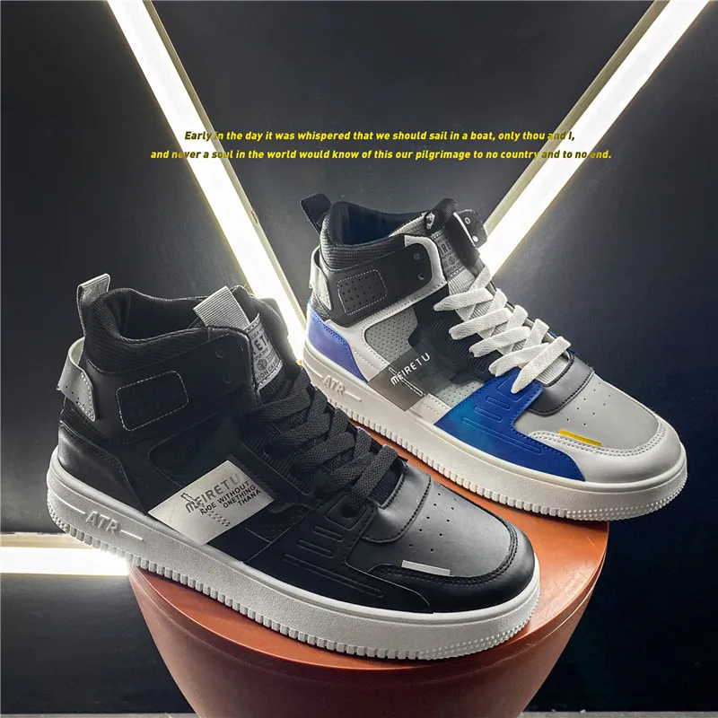 

Men's high-top lace-up PU leather sneakers outdoor casual shoes fashion breathable non-slip thick-soled sneakers men's size