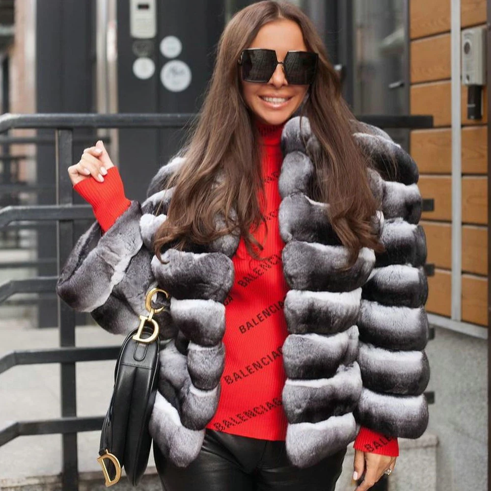 Winter New Real Rex Rabbit Fur Jacket Chinchilla Color Woman Natural Genuine Rex Rabbit Fur Coat with Turn-down Collar Outwear