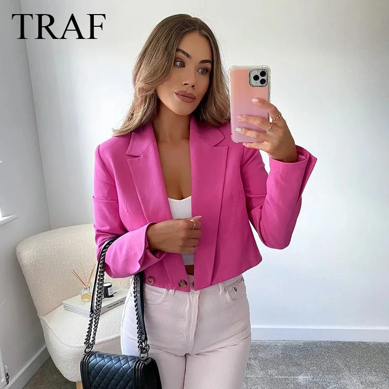 

TRAF Women's Clothing Blazer Fashion Elegant Long Sleeve Cropped Blazers Vintage Button-Up Solid Color Jacket Office Lady