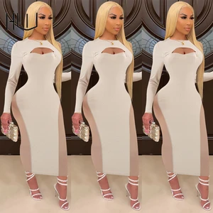 Womens Long Laxi White Robe Hollow Out Chest Sexy Mesh One-piece Dress Autumn Winter Patchwork Full Sleeve Long Dresses