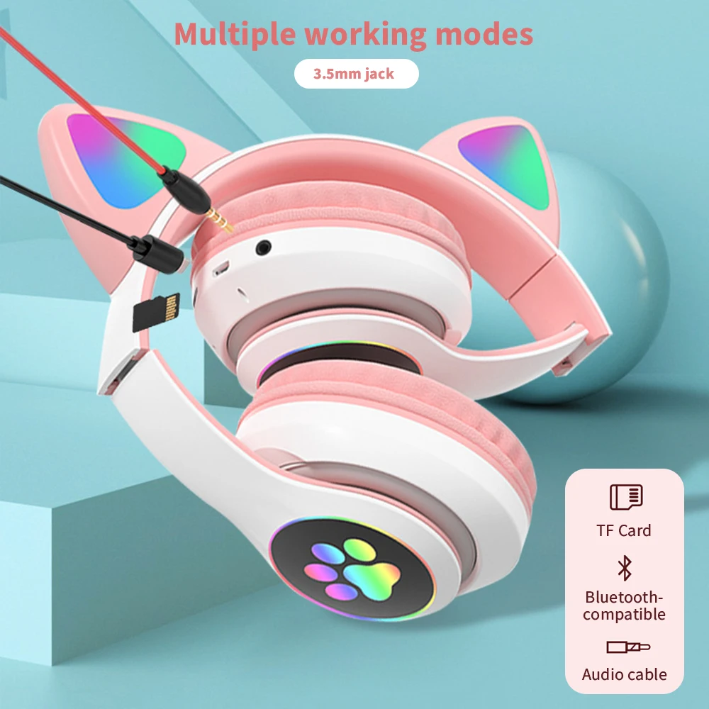 

Беспроводная Bluetooth-гарнитура с кошачьими ушками, поддержка TF-карты, гарнитура для девушек подарок ребенку