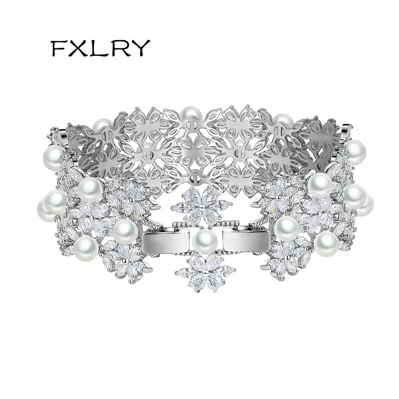 Элегантные белые женские браслеты FXLRY с цветами и жемчугом и прозрачным кубическим цирконием для свадьбы, юбилея