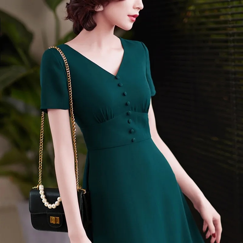 Женское офисное платье-миди с V-образным вырезом | Женская одежда