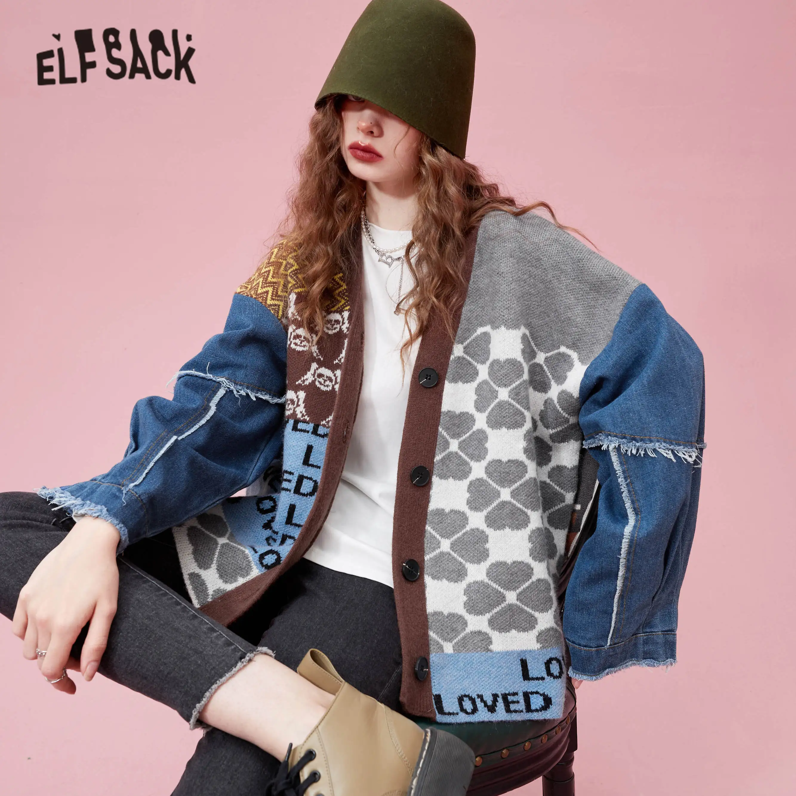 

ELFSACK джинсовый лоскутный шикарный однобортный вязаный Повседневный женский кардиган 2021 зимний винтажный Повседневный вязаный кардиган с а...