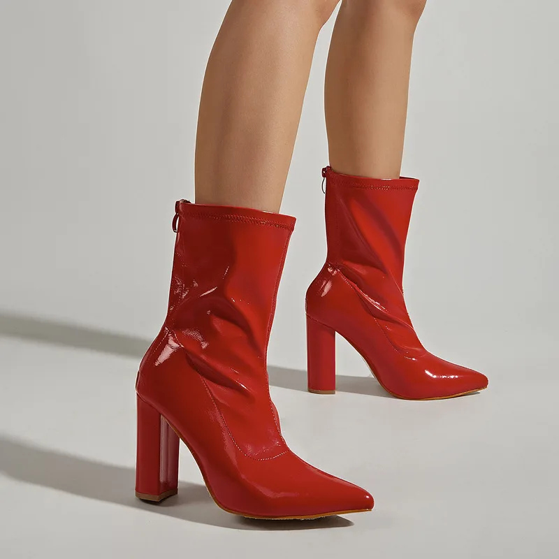 

LTARTA Winter Fashion Red Pointed Toe Women's Boots Thick High Heel Mid-Tube Boots Rear Zipper Large Size Women's Boots ZL