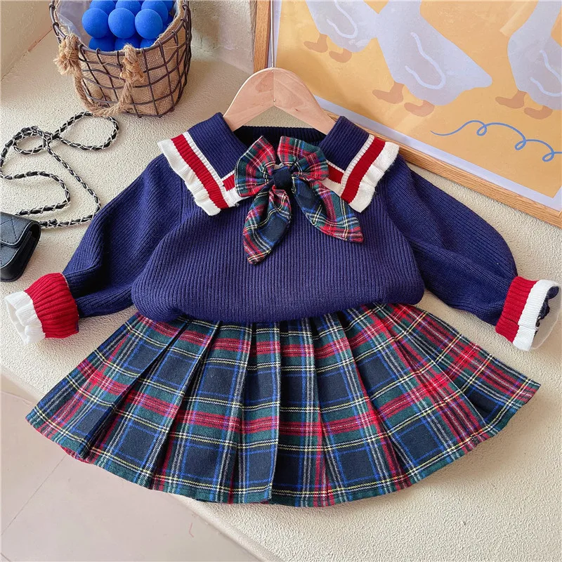 Вязаный костюм для маленьких девочек вязаный свитер и клетчатая юбка комплект из
