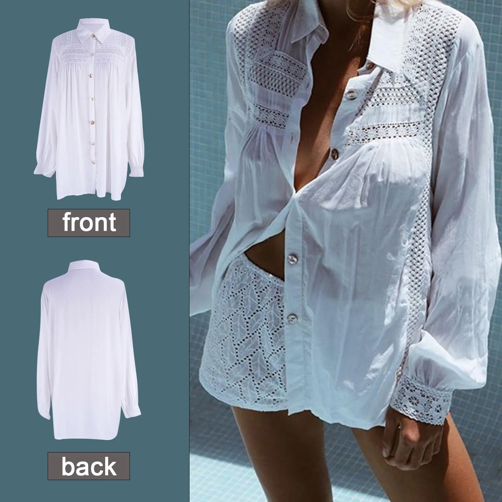 

Women Swimsuit Beach Coat Sun Protection Shirts Cover Up Solid Color Button Hollow Sexy Bikini Swimwear Cover Up Blouses 2021