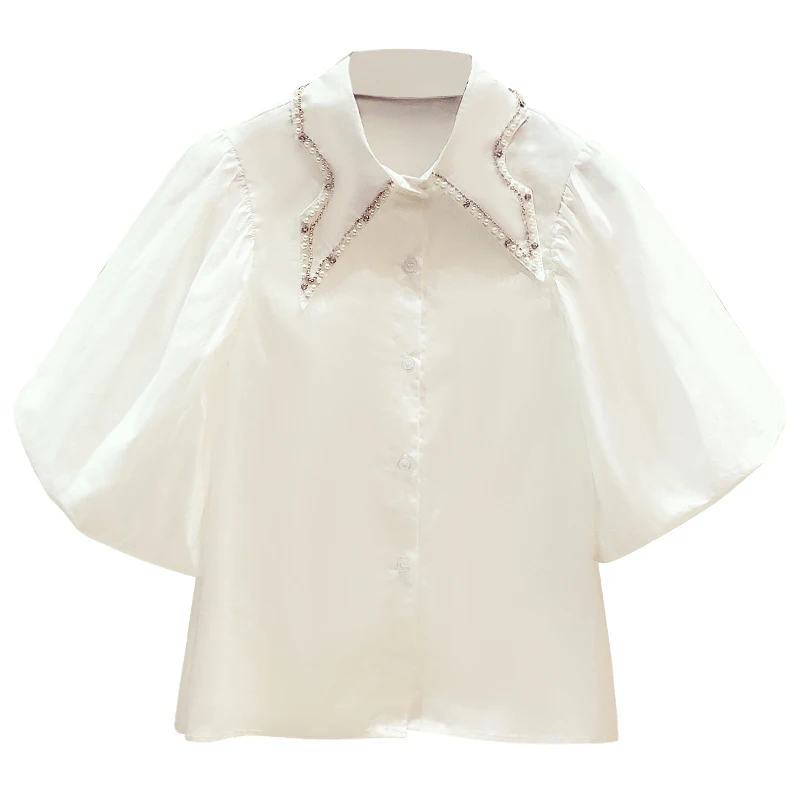 

2021 Summer New Tops Rhinestone Collar Puff Sleeve Short Sleeve Shirt Women's Casual Top Buttoned Shirts Ladies Chiffon Blouse