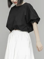 summer new ladies korean edition lantern short sleeve short round collar design pure color short sleeve t shirt fashion