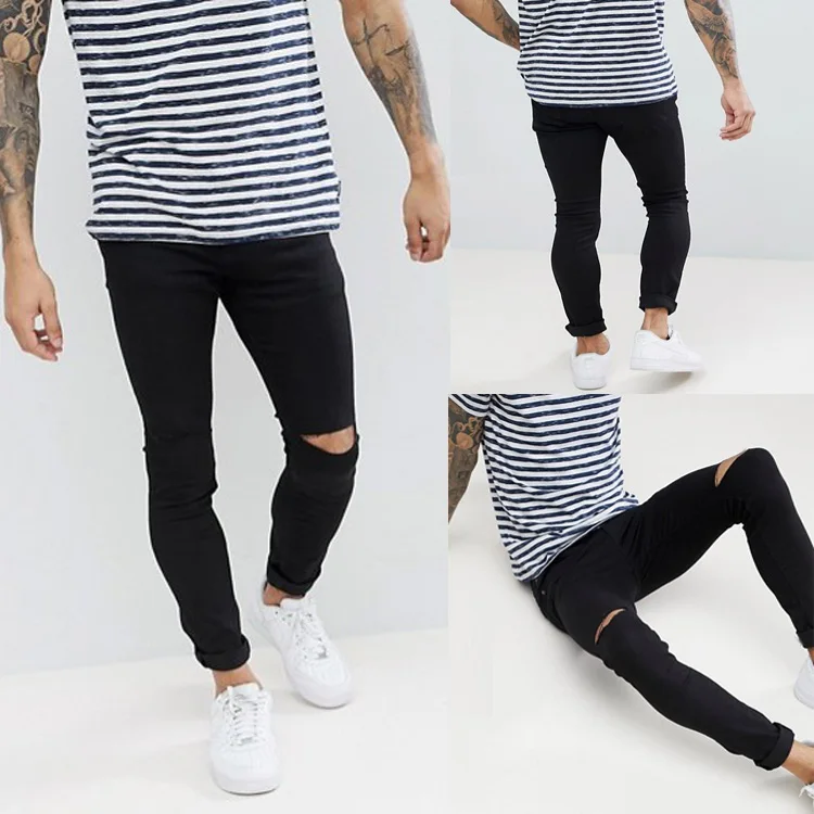 Black men's jeans tight stretch hole slim pants locomotive men | Мужская одежда