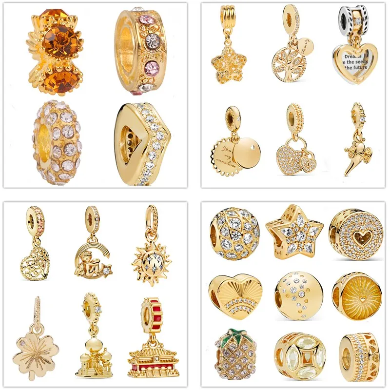 

AIFEILI 2020 New 1pc Angel Flower Golden Color Series Beads Fit Original Pandora Charms Bracelets DIY Jewelry Give Goddess Gift