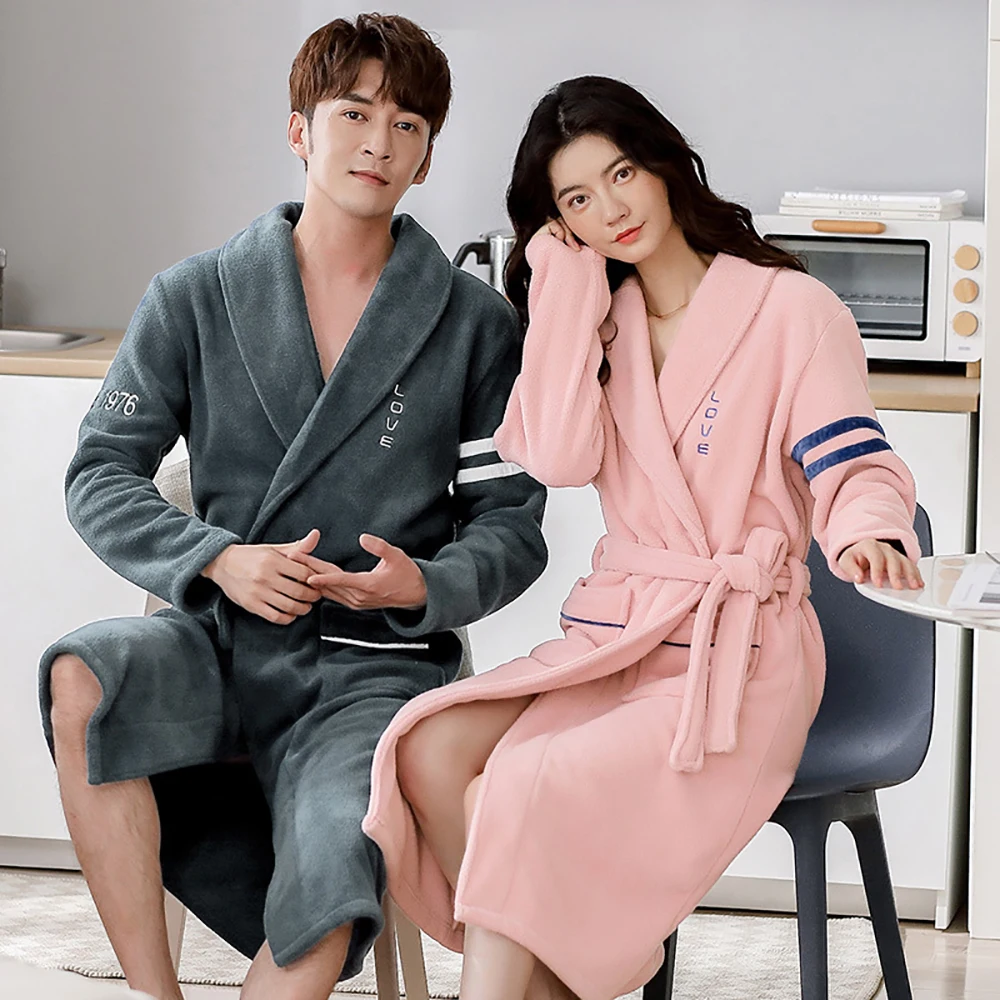 Winter Mens Long Robe Warm Thick Bathrobe Night Dresses Man Coral Fleece Kimono Pajama High-end Letter Embroidery Bath Robes