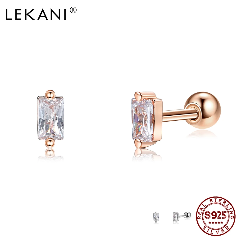

LEKANI 925 Sterling Silver Geometry Square Stud Earrings For Women 5A clear Crystal Zircon Small Earring Charms Jewelry Gift