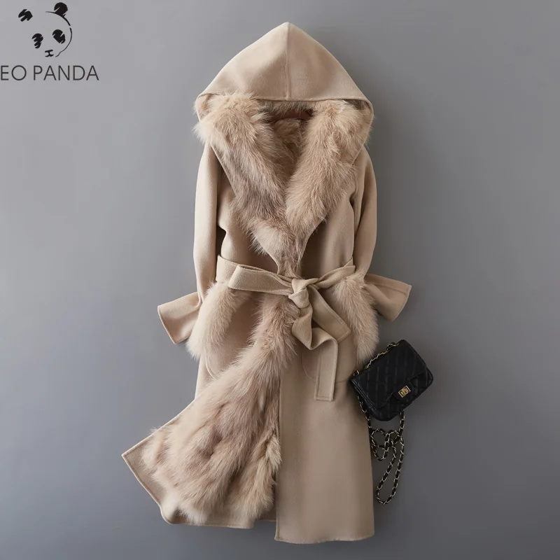 Женское кашемировое пальто шерстяное с подкладкой из натурального Лисьего меха