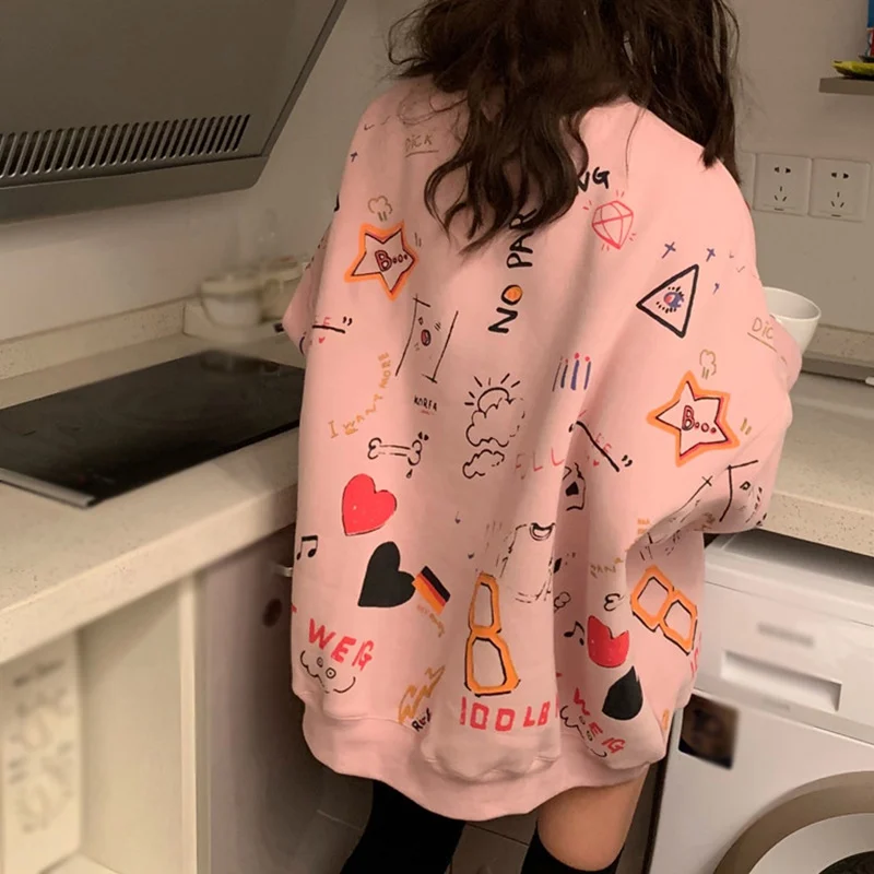 

Long Sleeve Hoody Spring And Autumn Thin Tops Korean Style Graffiti Student Loose Casual Hoodies Women