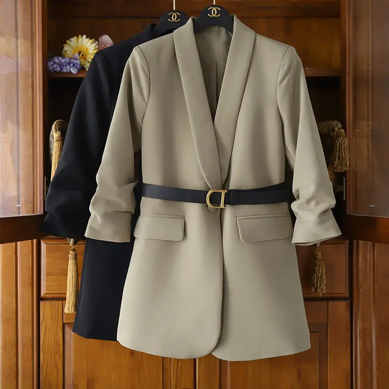 

Winter Coat Dress Sets 2021 Plus Size Women's Suit Blazer Dress Long Jacket Mesh Dresses Two Piece Set with Belt Elegant Women