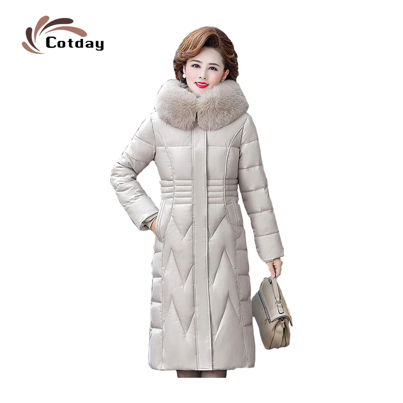 Cotday  Long New Red Wine Winter Big Pocket Hooded Mother Windproof Jacket Thick Fur Collar Oversized Cotton Padded Women Coat