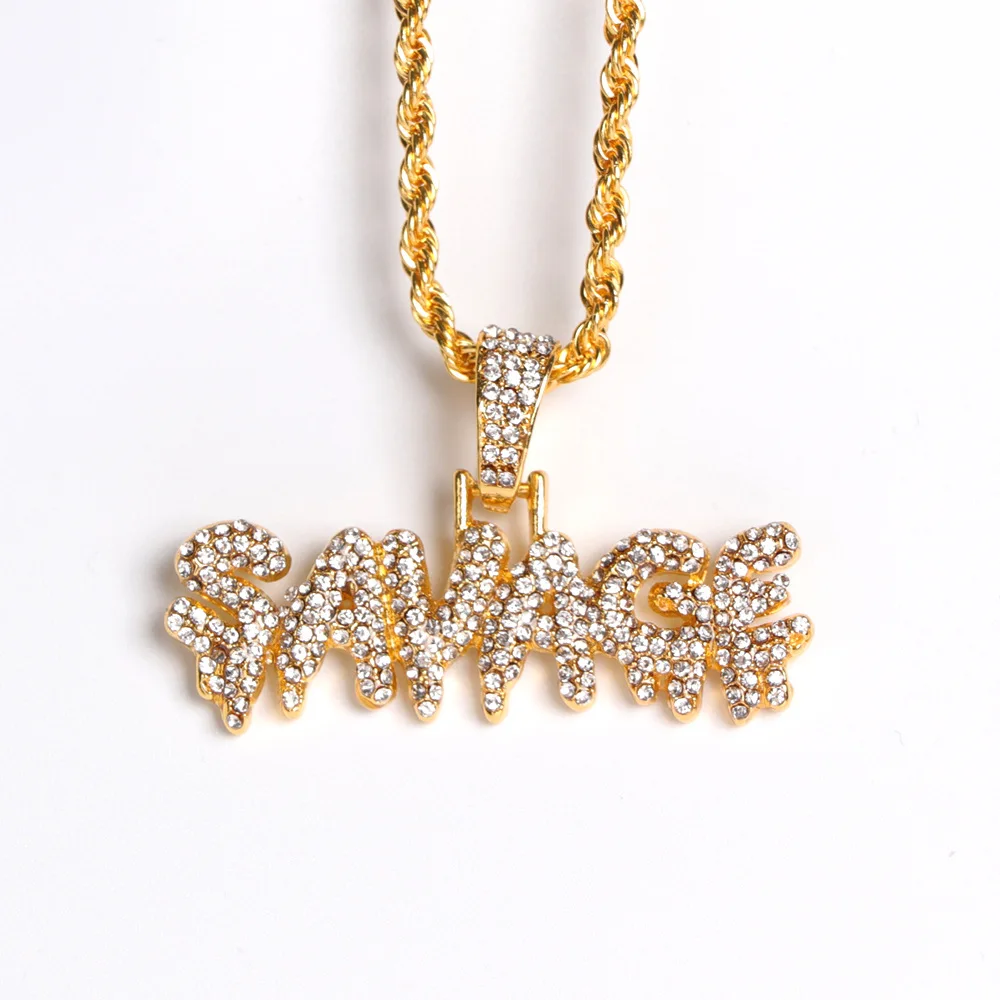 

Miami Cuban Chain Ice Out CZ Diamond Sparkling Hip Hop SAVAGE Letter Pendant Necklace Men's Fashion Jewelry