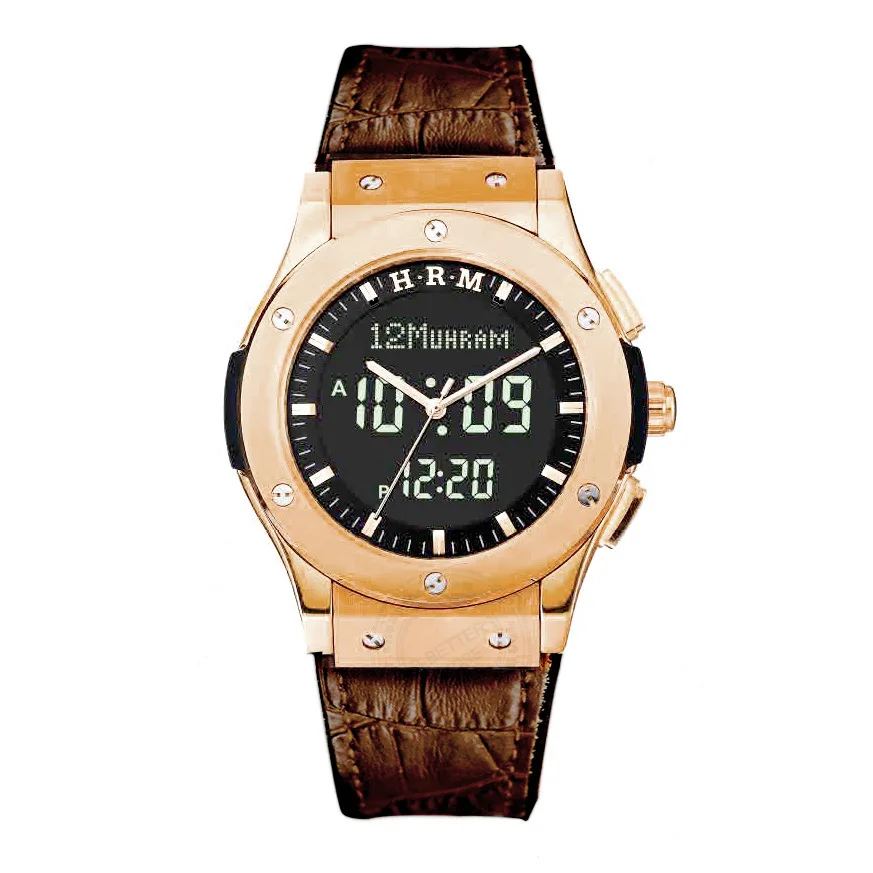 Muslim Watch for Prayers with Azan Time Qiblah Compass Stainless Steel Genuine Leather