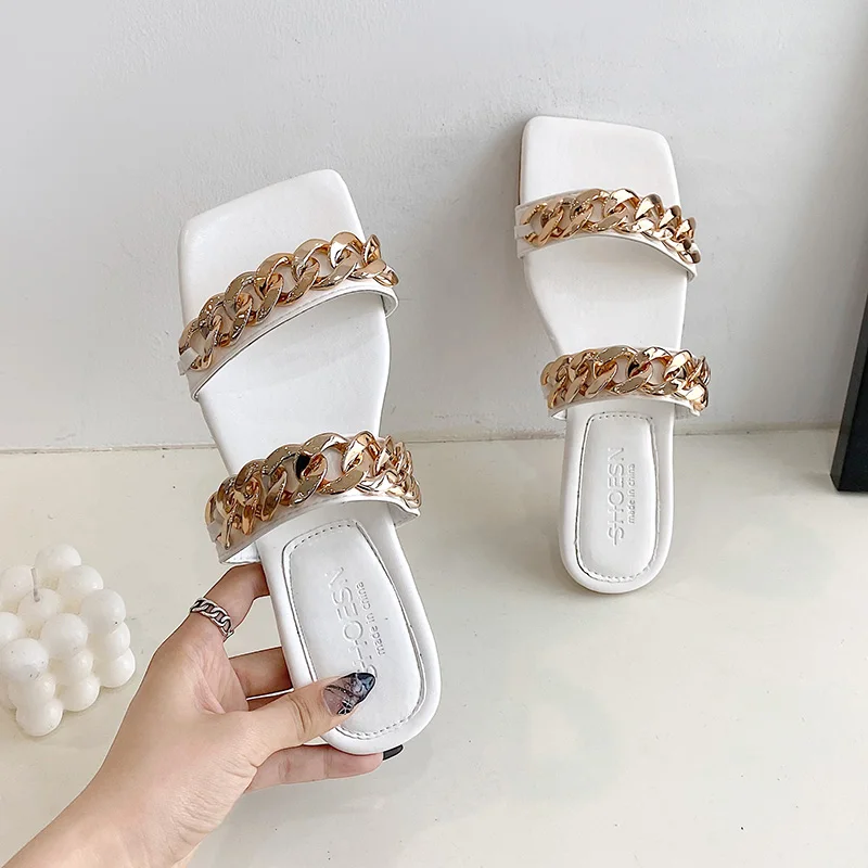 

Flat Shoes Female Ladies' Slippers Summer Clogs Woman Pantofle Luxury Slides Beach 2021 Designer Soft Fashion Chain PU Basic
