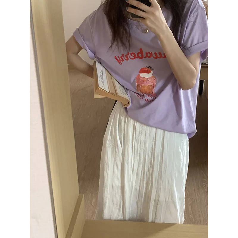 Short-sleeved T-shirt Loose Casual Age- Reducing Top Print 2021 Summer Korean Women O-neck Short Sleeve Tees Average Size Humor