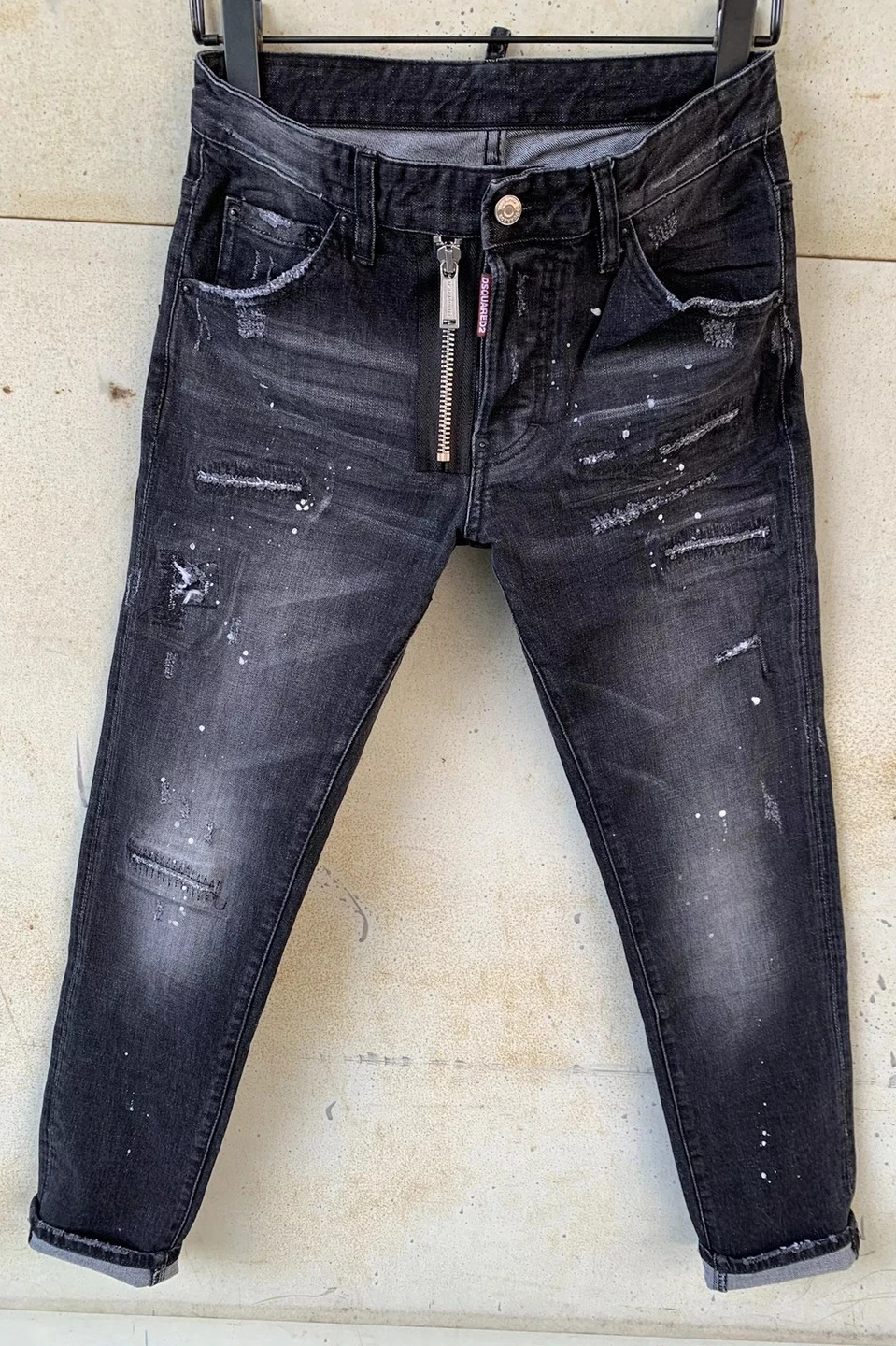 

Italian New DSQUARED2 Men's/Women's Washed Frayed Patch Micro-Elastic All-Match Paint Splash Ink Tide Brand Small-Foot Jeans 878