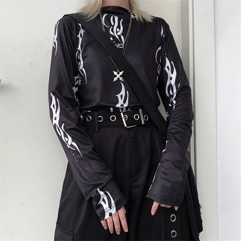 Черный NYOOLO Harajuku Дизайн Символ печати водолазка рубашка осень уличная тонкая футболка с длинными рукавами женская одежда Топ - Цвет: Черный