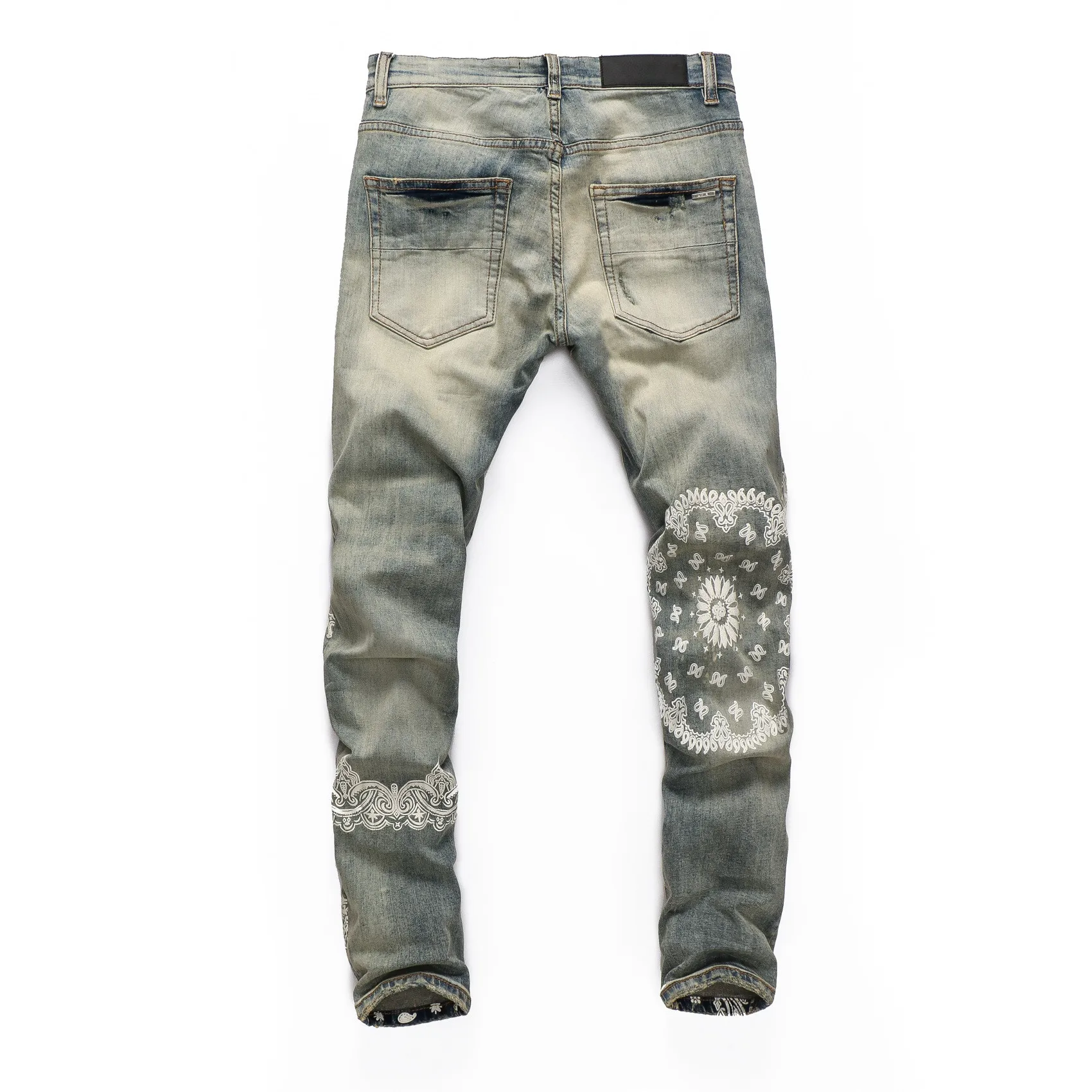 

ABOORUN Men's Retro Cashew Printed Jeans Fashion Ripped Hole Stretch Slim fit Denim Pants Streetwear for Male