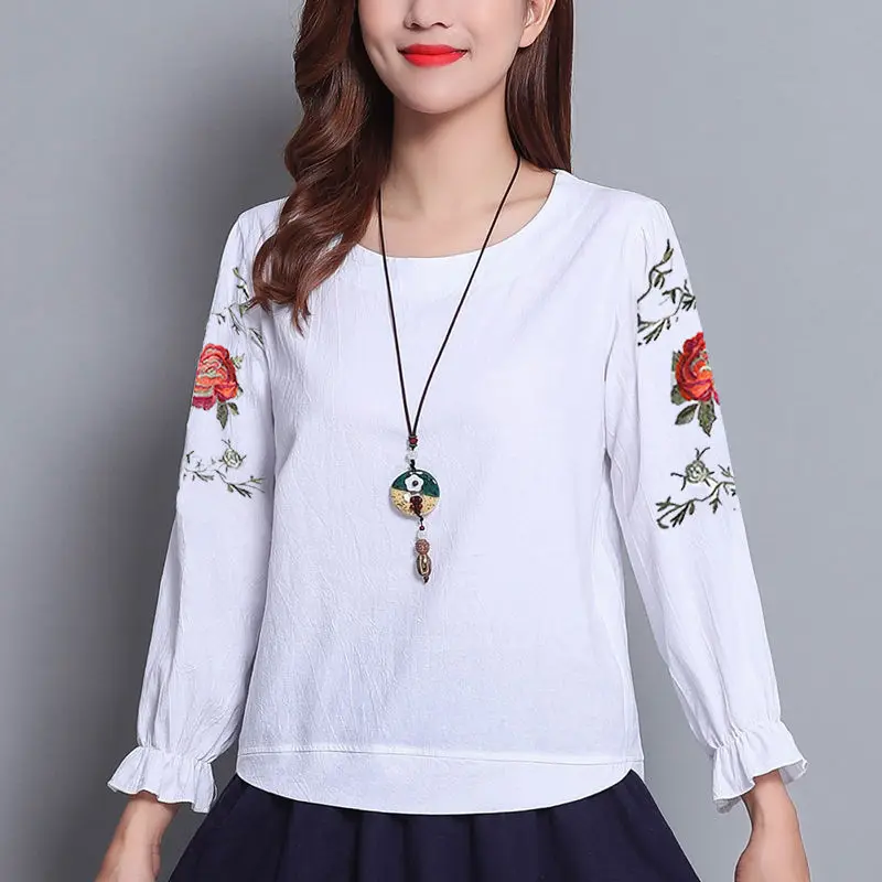 White Long sleeve Блузка размера плюс женская с коротким рукавом с пышными рукавами Топ Женская хлопковая льняная рубашка свободная повседневная с вышивкой и круглым вырезом - Цвет: White Long sleeve
